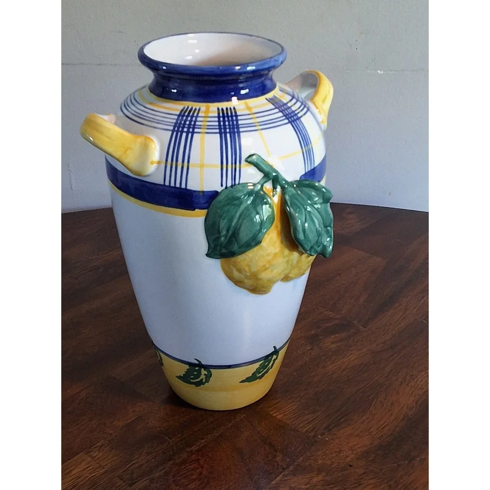 Vintage Ceramic Vase Blue Yellow 3D Lemon 10.5